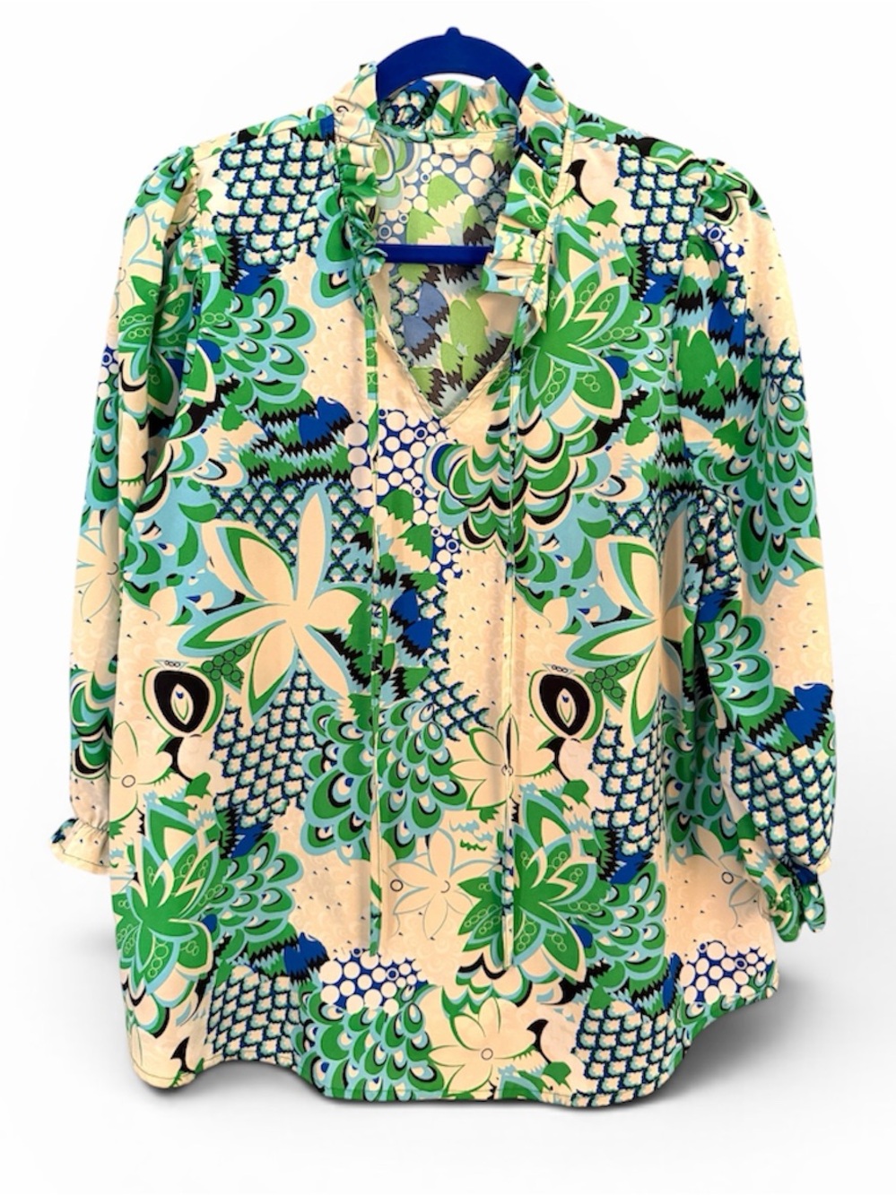 JODIFL M Blue Green Ivory Floral Print 3/4 Sleeve Top